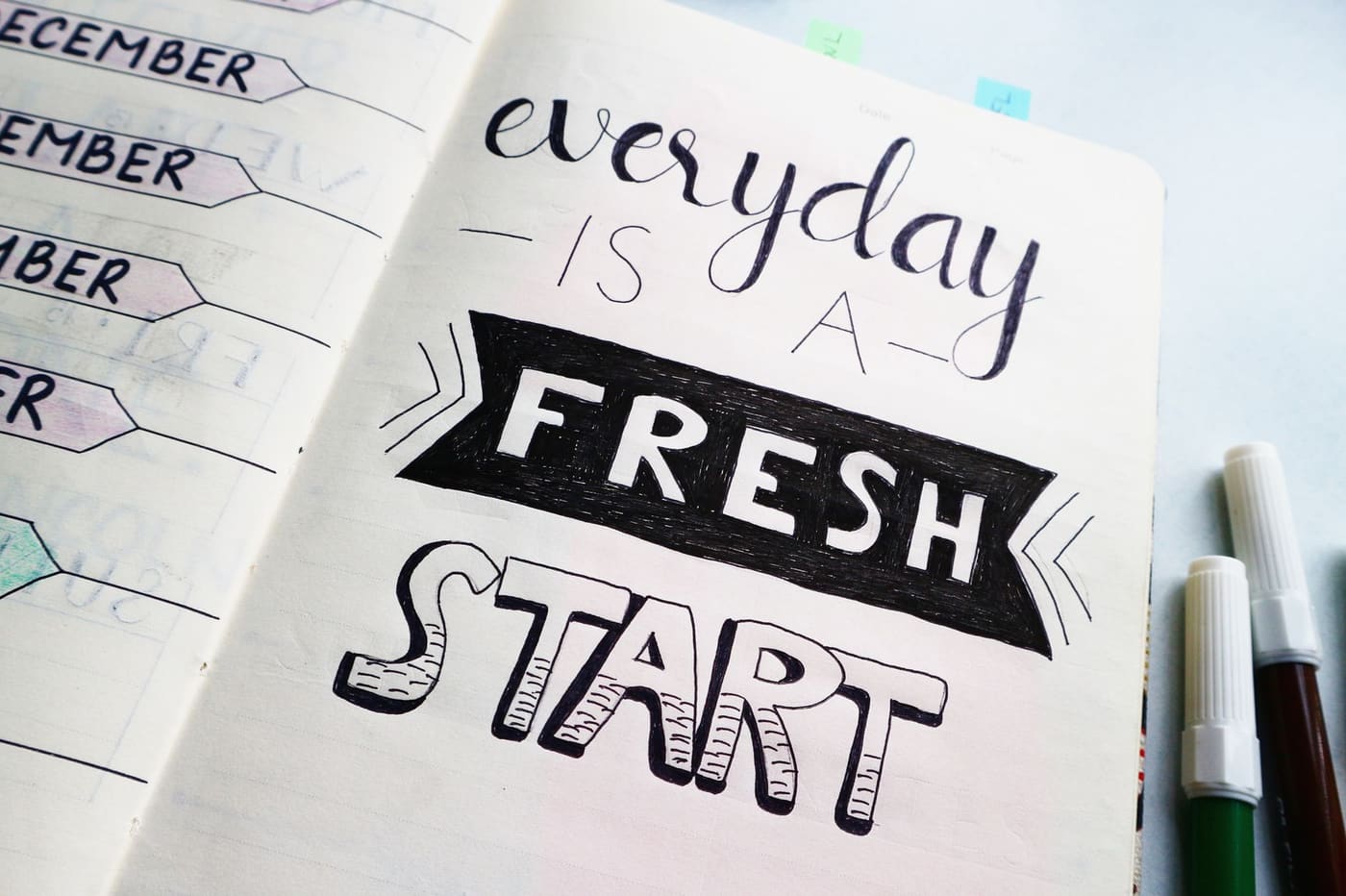 A notebook page with the hand-lettered words everyday is a fresh start