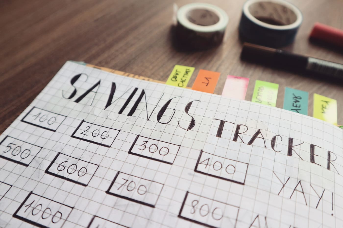 A hand-drawn savings tracker on grid paper with numbered boxes and colored tabs on a wooden table