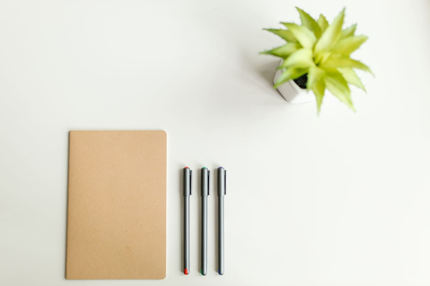 A kraft notebook, three pens and a small plant on a plain white surface