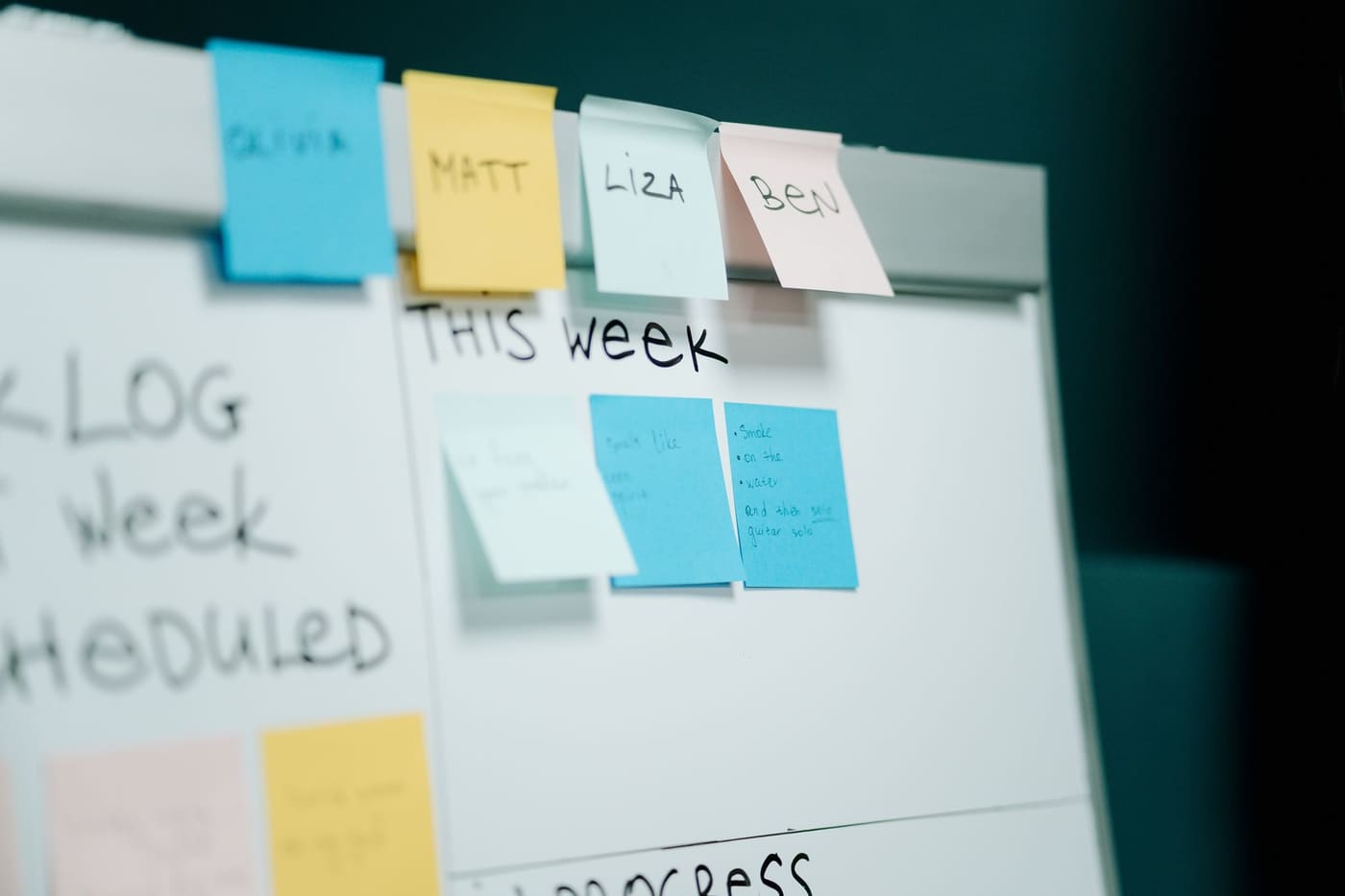 A whiteboard with sticky notes placed under a weekly heading